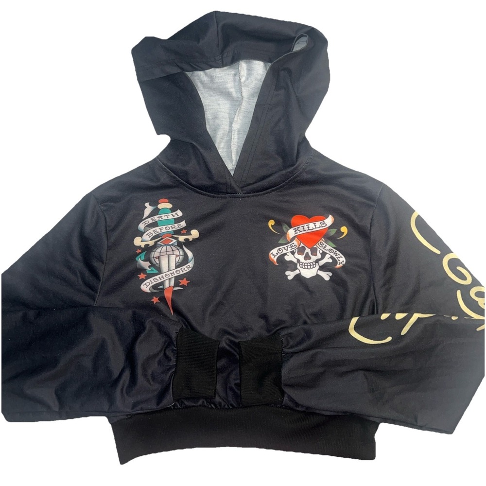 Ed‎ Hardy Cropped Zip Hoodie Women Size Medium Jacket Skull Love Kills Slowly